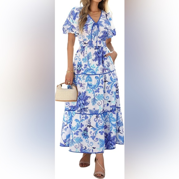 PrettyGarden Boho Floral Maxi Dress Blue White Wedding Guest XL New - Picture 3 of 7